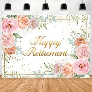 Aperturee 7x5ft Rose Gold Happy Retirement Backdrop Blush Pink Floral